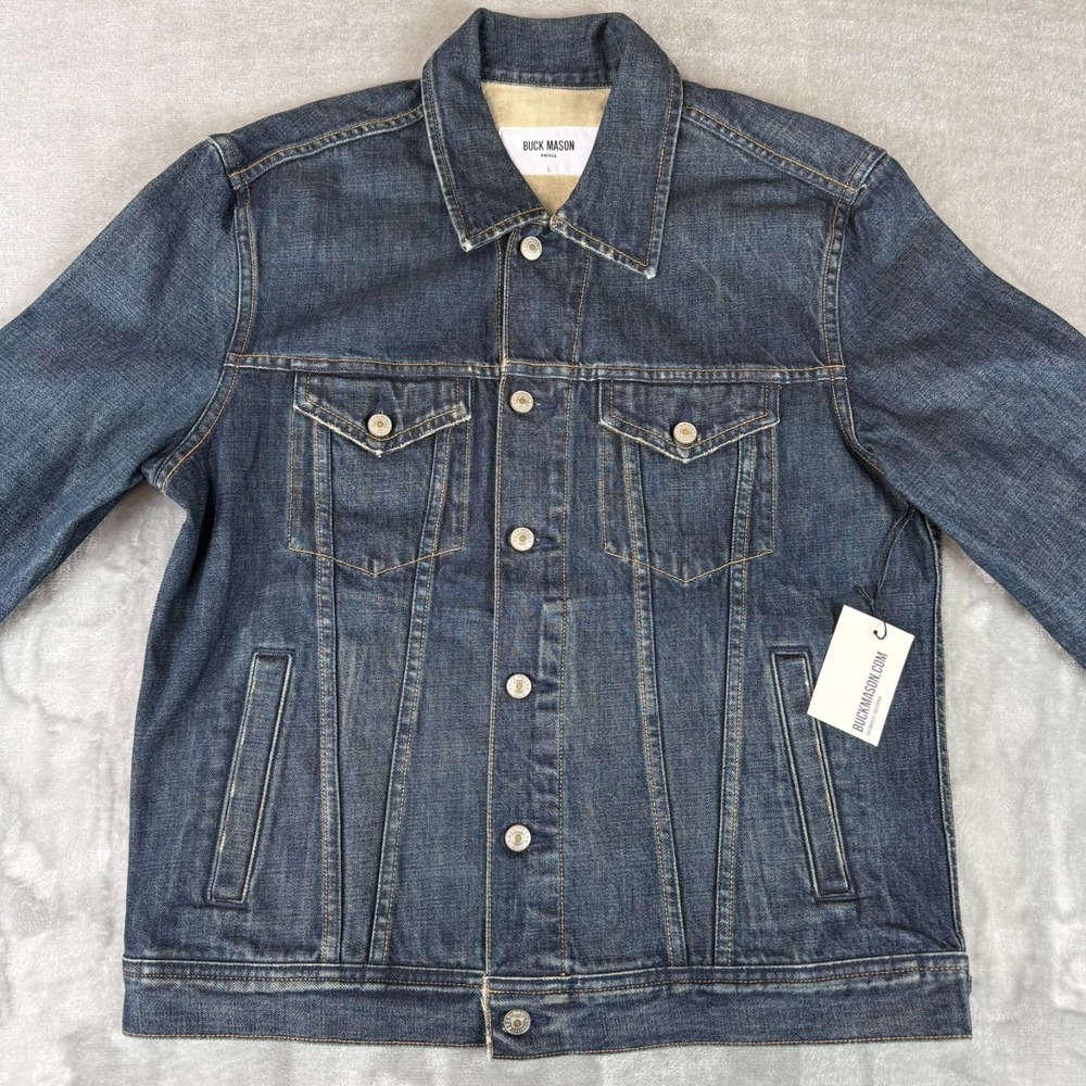 Buck Mason Denim Jean Jacket Mens Large Blue Dark Wash Flap Pockets USA New NWT - Picture 2 of 6